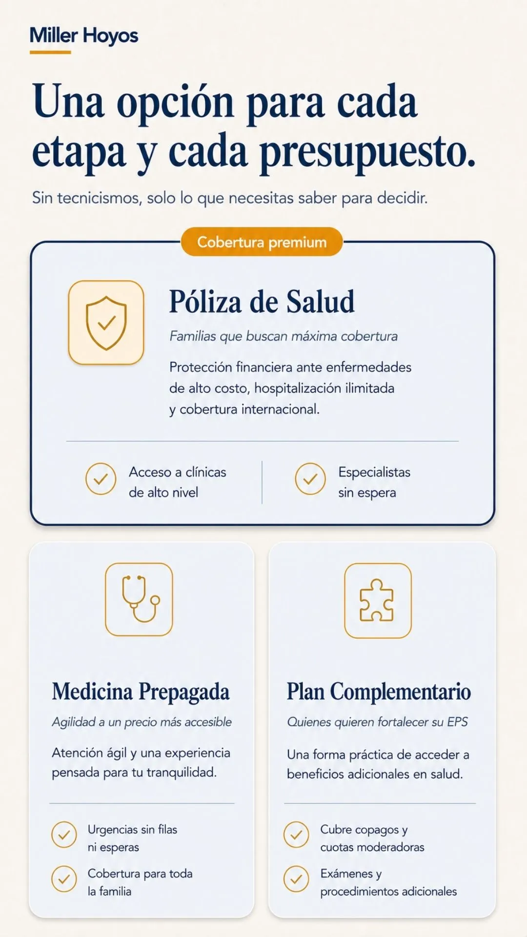 Opciones de póliza de salud, medicina prepagada y plan complementario